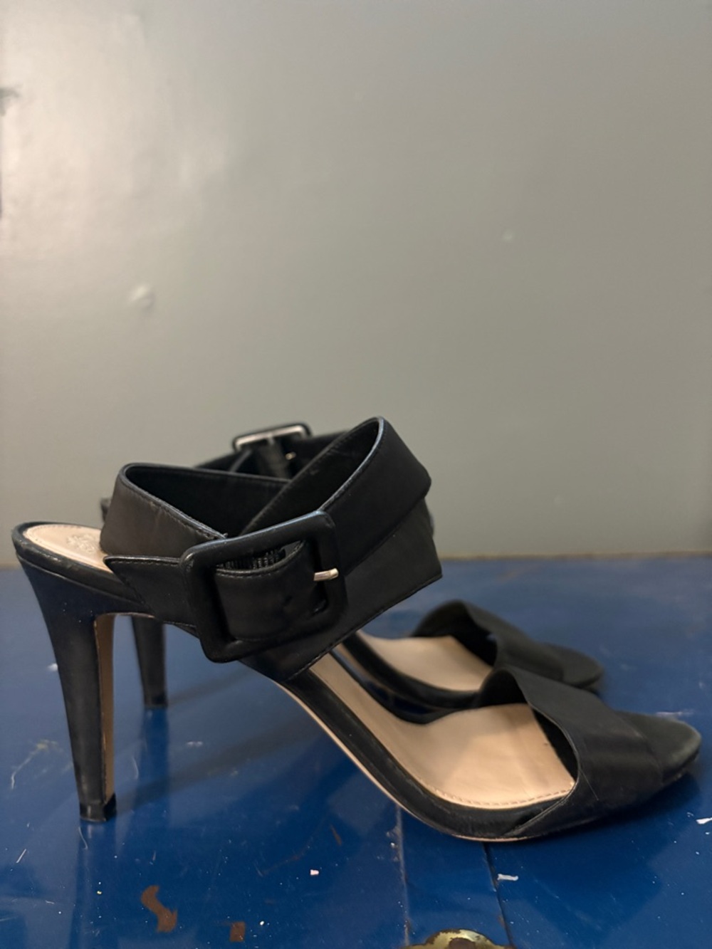 Vince Camuto Black Open-Toe Buckle Strap High Heels